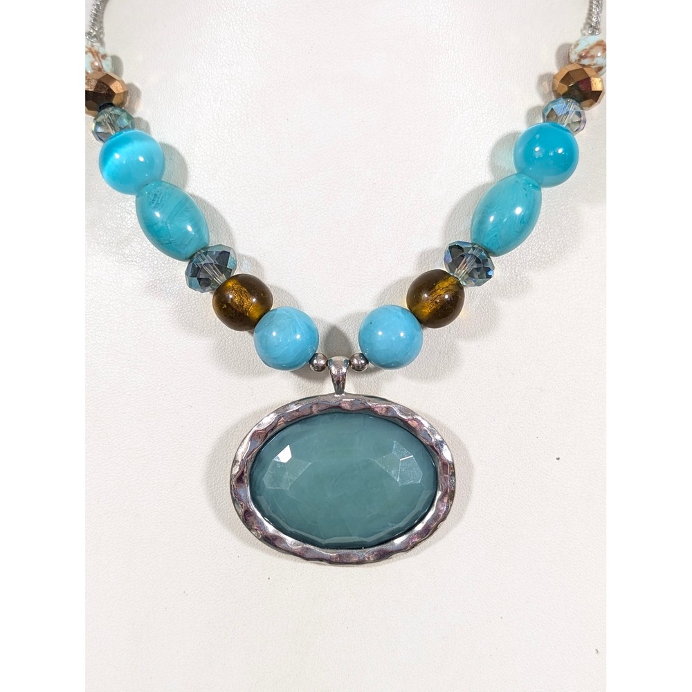 Teal Blue Brown Beaded Necklace Silver‎ Tone Pendant Boho 19"